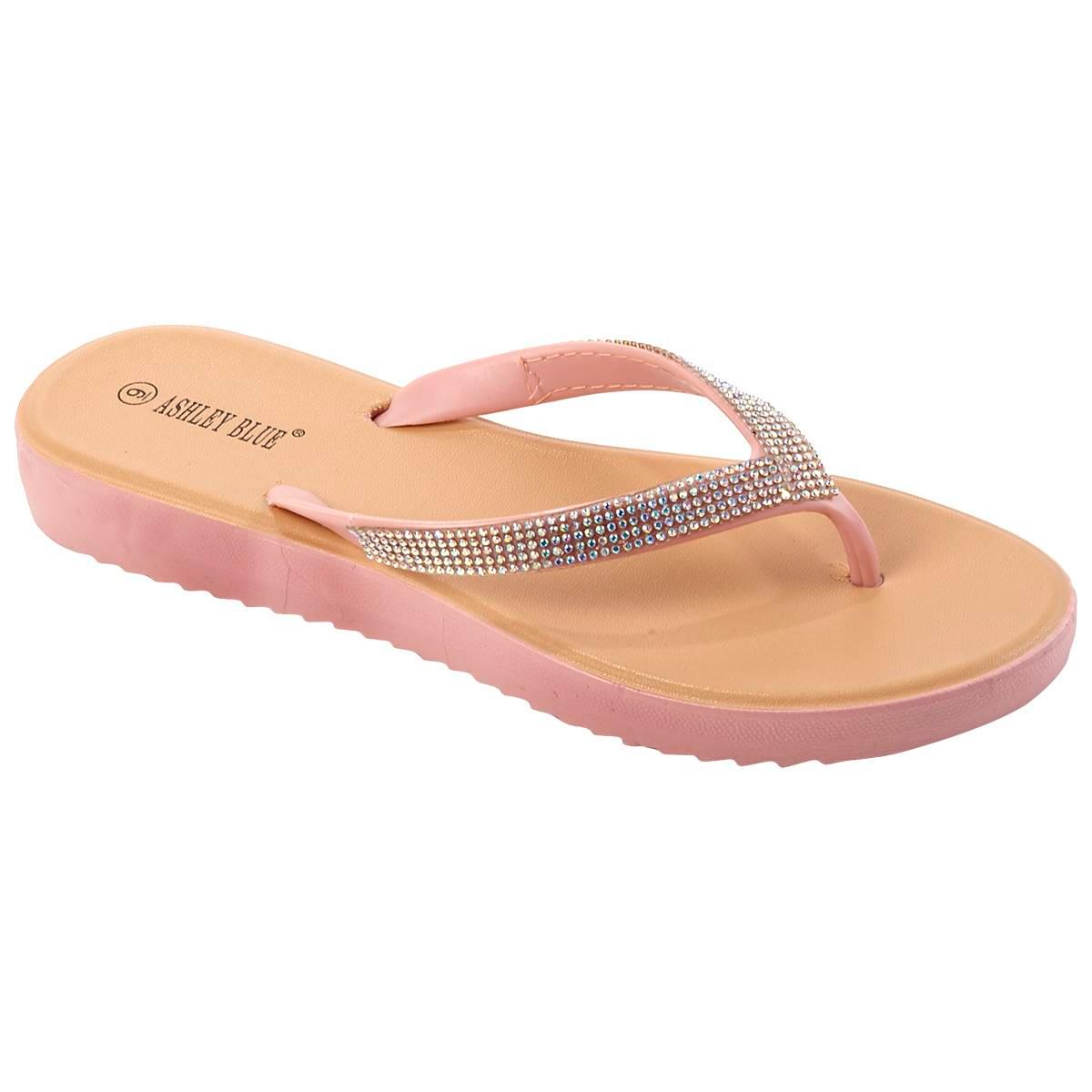 Womens Ashley Blue Crystal Flip Flops