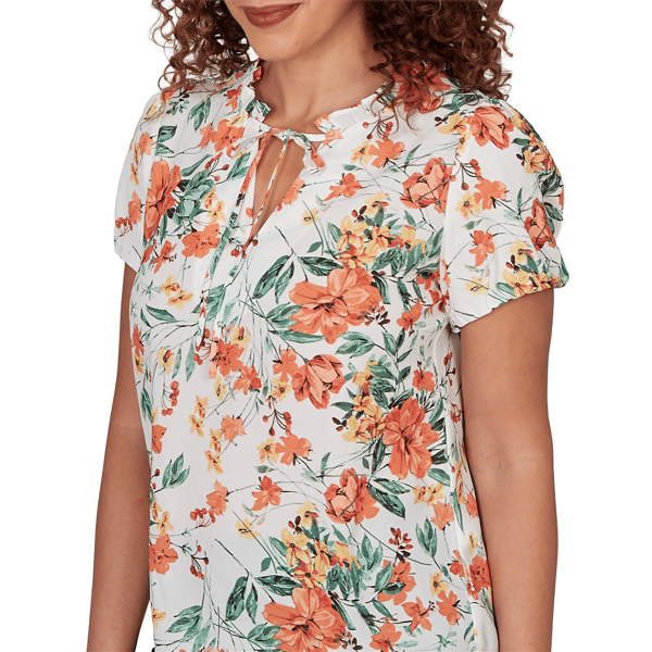 Petites Emaline Verde Grove I Short Sleeve Floral Tie Neck Blouse