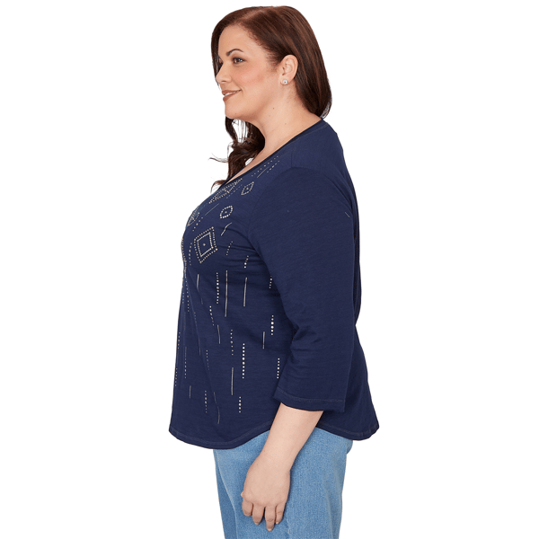 Plus Size Alfred Dunner Austin Rhinestone Diamond V Neck Blouse