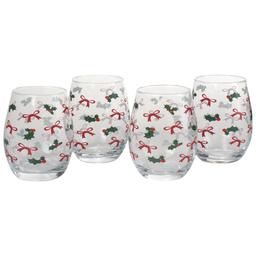 Home Essentials Bows & Holly Stemless Wine Glasses - Set of 4