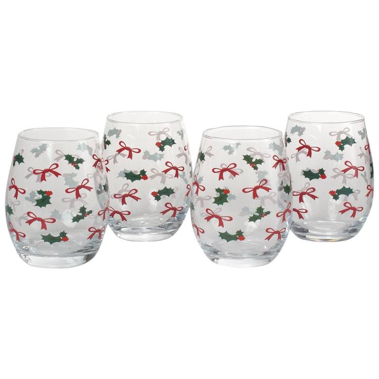 Home Essentials Bows & Holly Stemless Wine Glasses - Set of 4