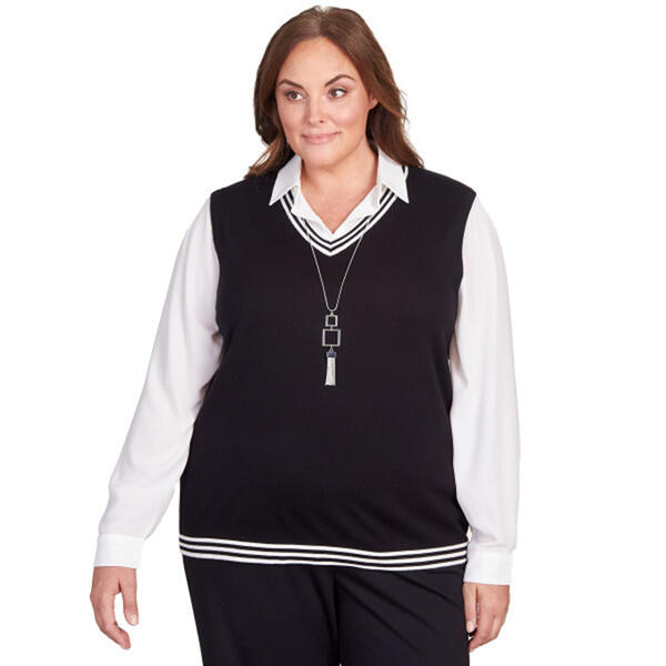 Womens Alfred Dunner Downtown Vibe Stripe Trim Vest w/Sweater - image 