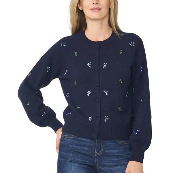 Womens Cece Long Puff Sleeve Bead Embroidered Button Front Cardi