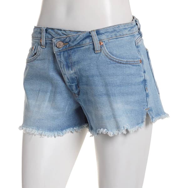 Juniors Madden Girl Asymmetrical Waist Fray Hem Denim Shorts - image 