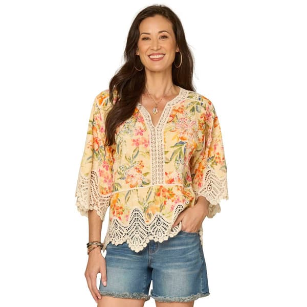 Plus Size Democracy 3/4 Sleeve Scallop Lace Trim Blouse