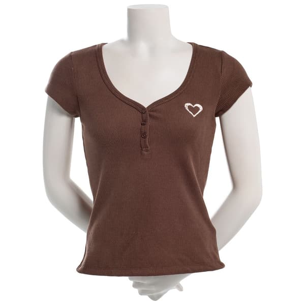 Juniors Madden Girl Cap Sleeve Plush Waffle Henley Top - Chestnut