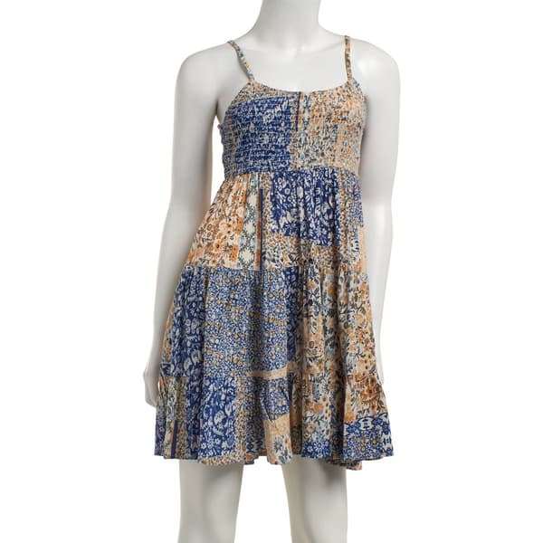 Juniors Angie Smock Bodice Patchwork Print Skater Dress