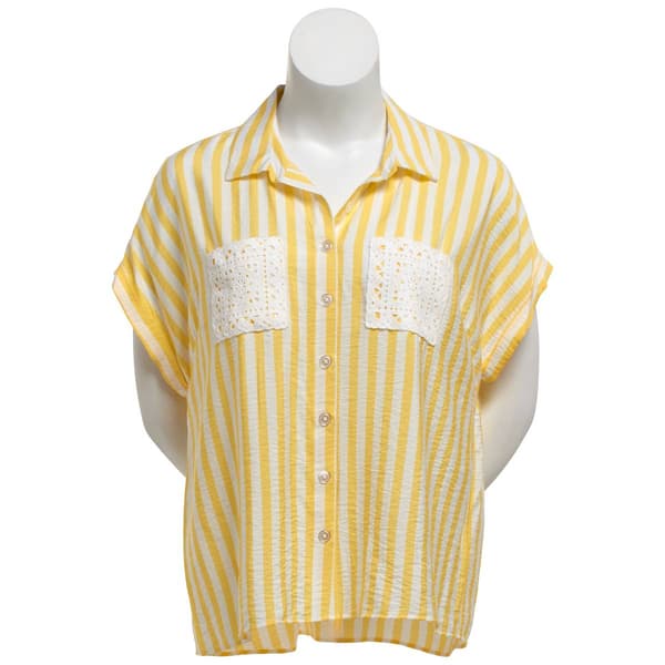 Plus Size Como Black Short Sleeve Stripe Button Front Blouse