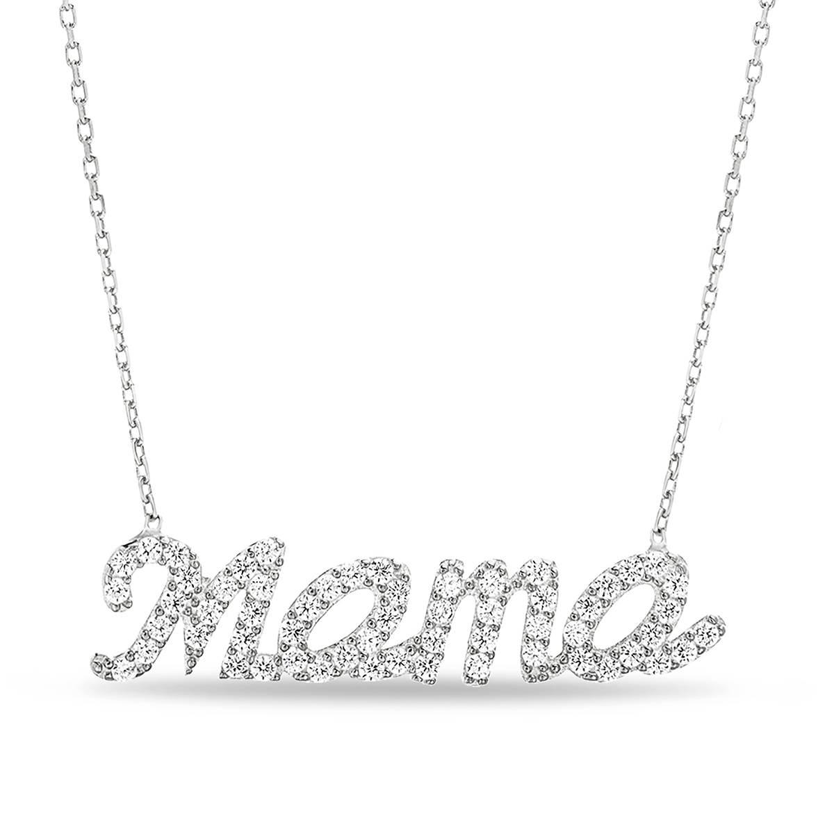 Sterling Silver Rhodium CZ Mama Pendant Necklace