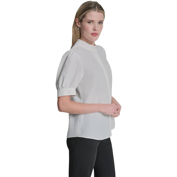 Womens DKNY Elbow Puff Sleeve Solid Button Front Blouse