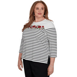 Plus Size Alfred Dunner Classics 3/4 Sleeve Poinsettia Stripe Tee