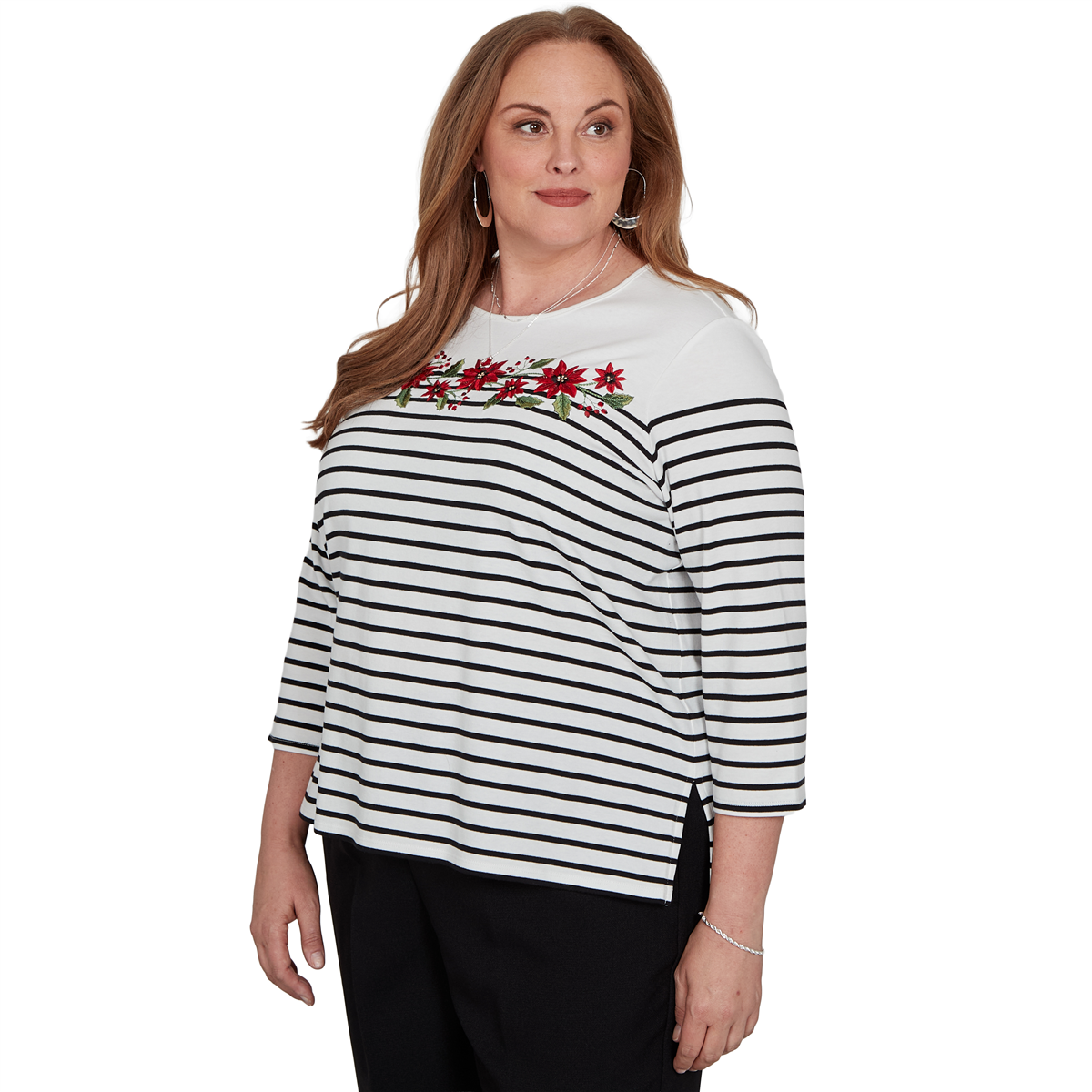 Plus Size Alfred Dunner Classics 3/4 Sleeve Poinsettia Stripe Tee