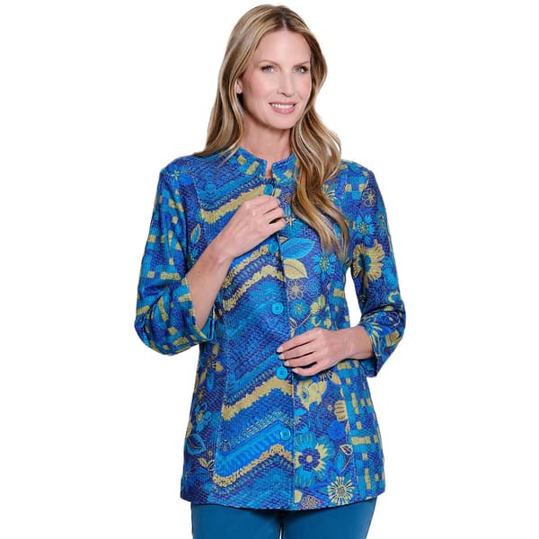 Womens Multiples Mandarin Collar Floral Geometric Button Jacket