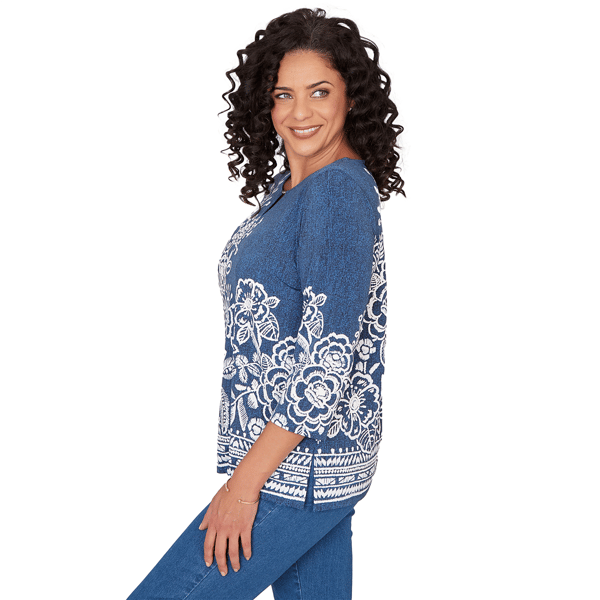 Womens Alfred Dunner Classics 3/4 Sleeve Keyhole Floral Blouse