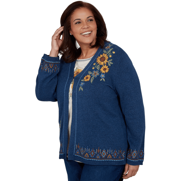 Plus Size Alfred Dunner Tuscany Sunflower Embroidery Cardigan