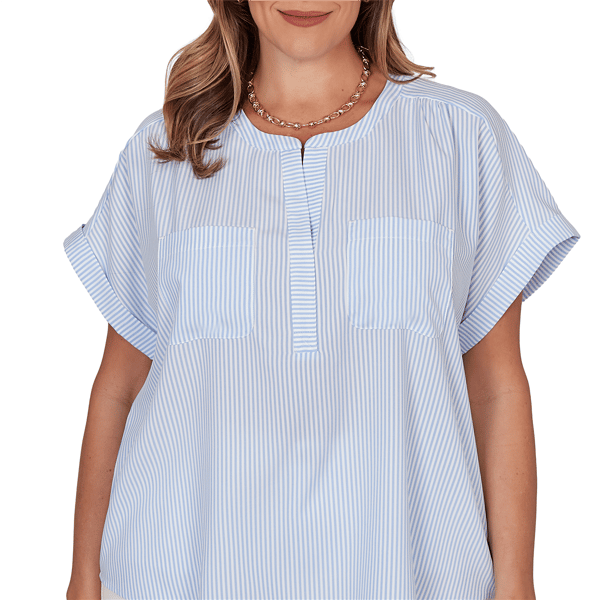 Plus Size Hearts of Palm Aqua Fresh Short Sleeve Stripe Blouse