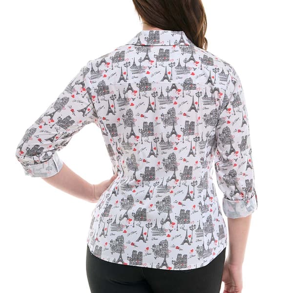 Womens Zac & Rachel 3/4 Sleeve Eiffel Tower Casual Button Down
