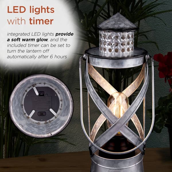 Alpine Small Silver Lantern D&#233;cor w/ LED Lights & Timer