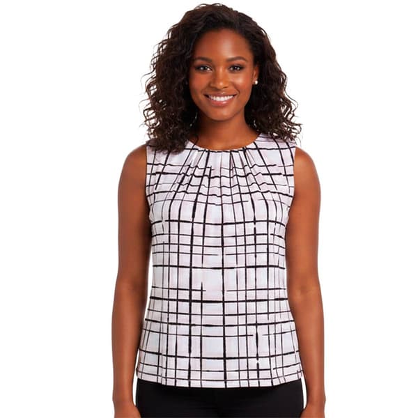 Womens Calvin Klein Sleeveless Pleat Neck Plaid Blouse