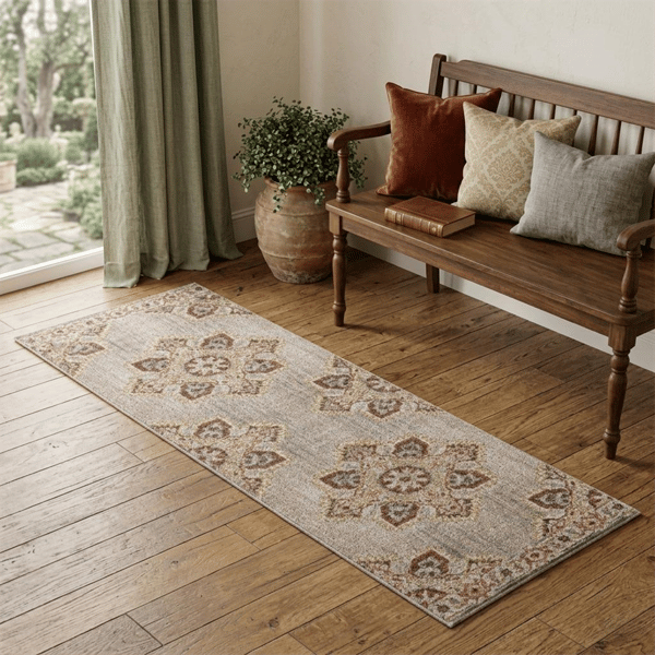 HomeRoots Beige, Rust & Teal Stain Resistant Medallion Runner