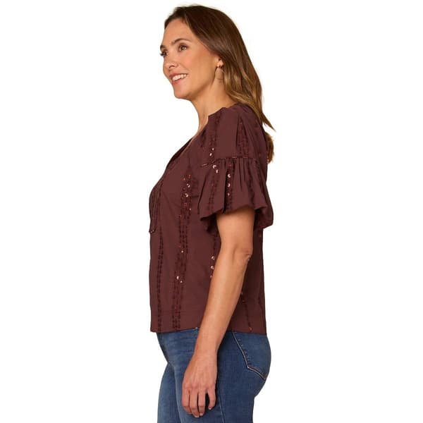 Womens Democracy Spliced V-Neck Embroidered Blouse