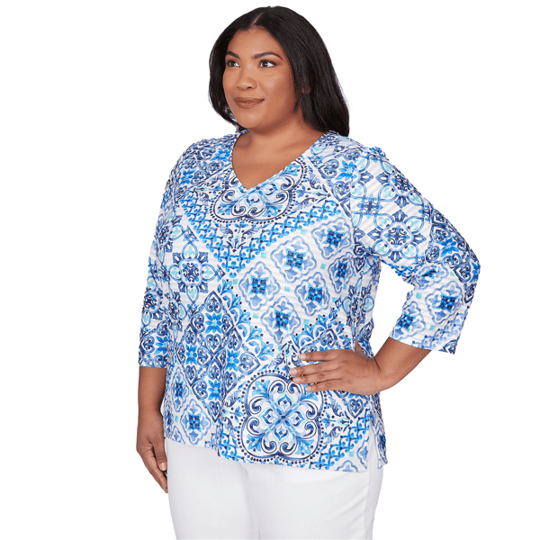 Plus Size Alfred Dunner Mykonos 3/4 Sleeve Medallion Blouse