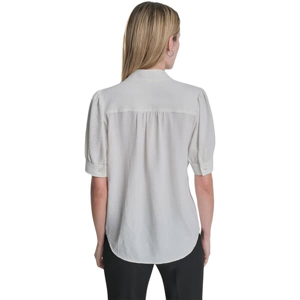 Womens DKNY Elbow Puff Sleeve Solid Button Front Blouse