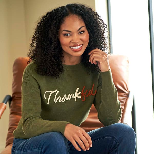 Womens Rio & Rian Long Sleeve Thankful Crewneck Sweater - image 