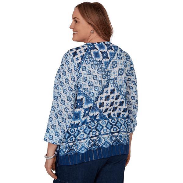 Plus Size Alfred Dunner Indigo Girls 3/4 Sleeve Patchwork Blouse