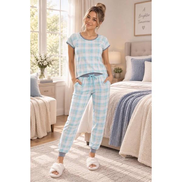Juniors Pillow Talk Short Sleeve Plaid Joggers Pajama Set - image 