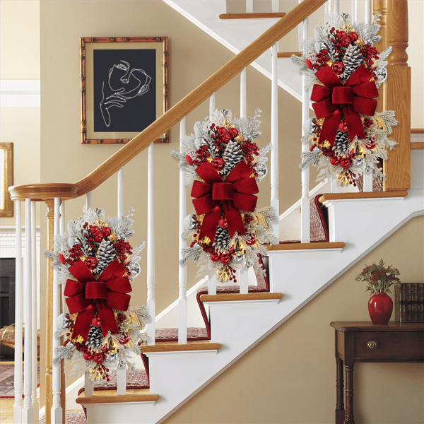 Puleo International 28in. Pre-Lit Adorned Flocked Banister Swag