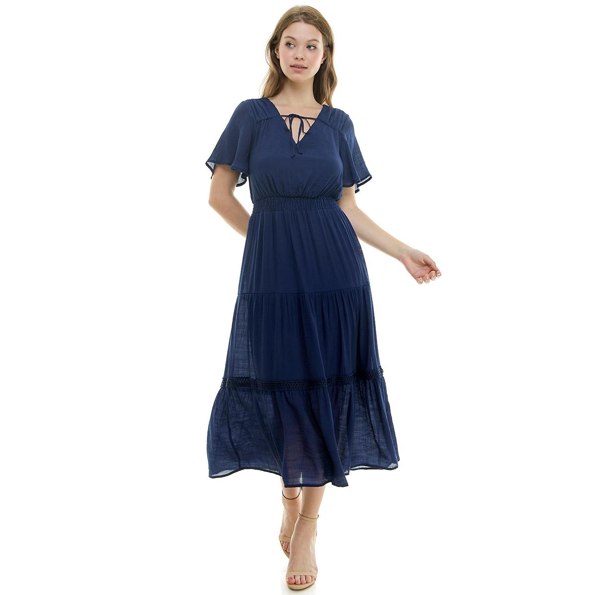 Womens Luxology Short Sleeve Tie Neck Gauze Tier Hem Midi...