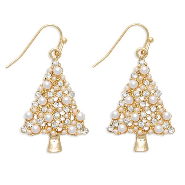 Gold-Tone And Pearl Christmas Tree Earrings