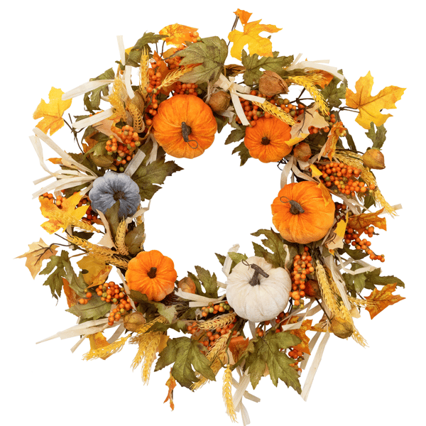 Northlight 24in. Velvet Pumpkins &amp; Wheat Fall Harvest  Wreath