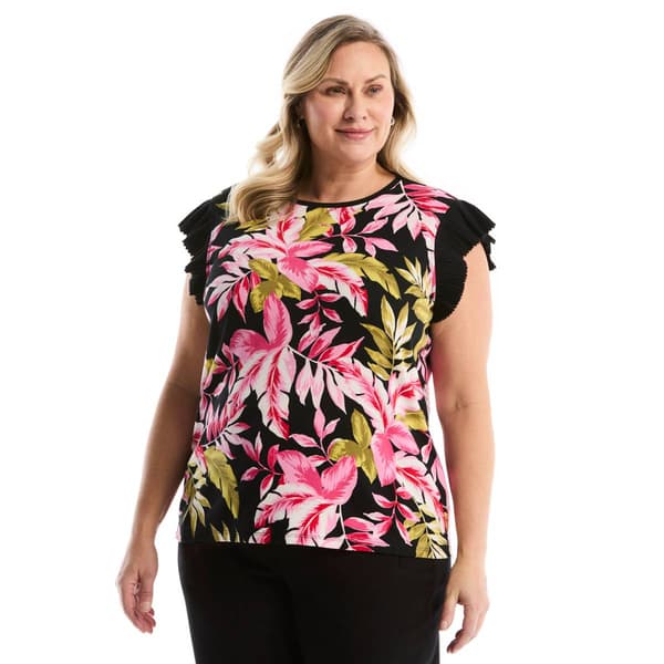 Plus Size Rafaella(R) Ruffle Cap Sleeve Rainforest Tropical Top