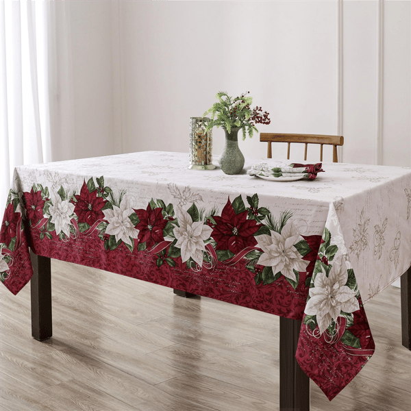 Threadmade Clarette Poinsettia Holiday Fabric Tablecloth