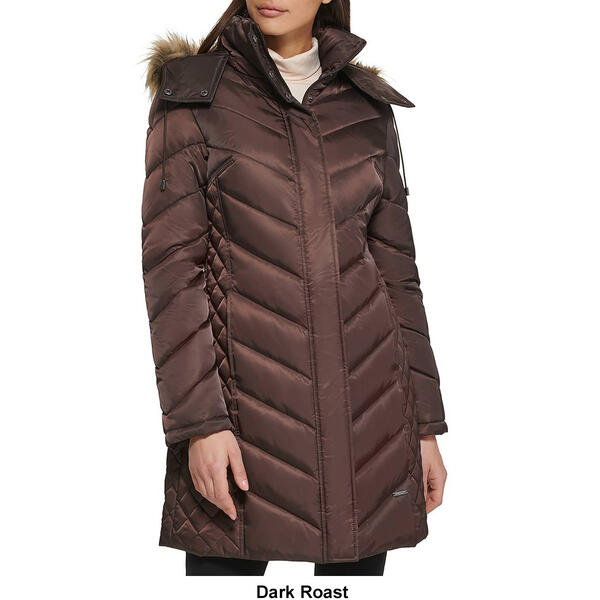 Womens Kenneth Cole&#174; 3/4 Puffer Jacket w/Faux Fur Hood