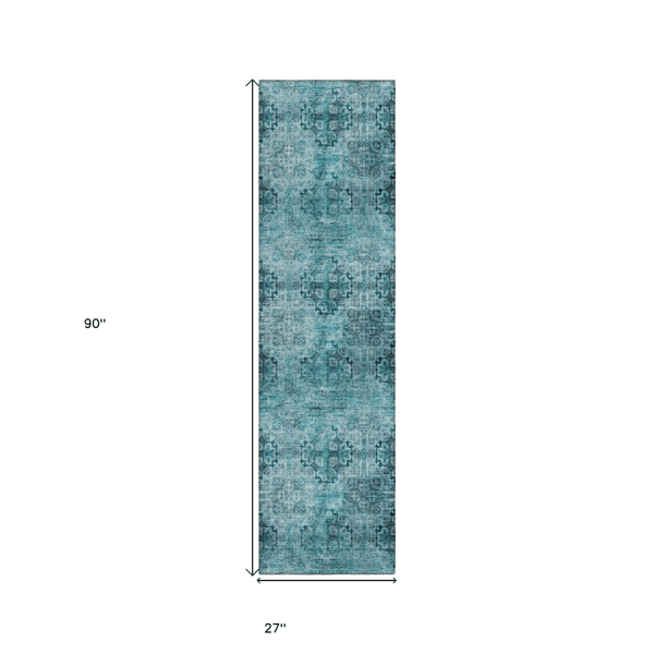 HomeRoots Teal Floral Medallion Non Skid Runner Rug
