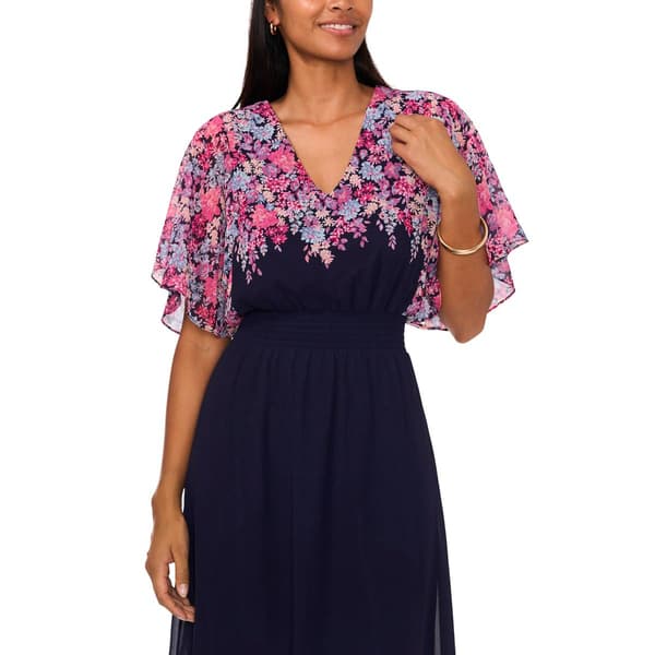 Womens MSK Floral Flutter Sleeve V Neck Smock Waist Midi Dress