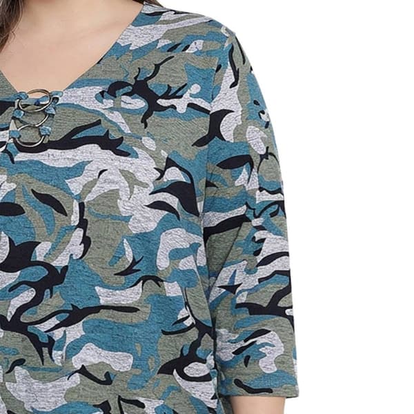 Plus Size NY Collection 3/4 Sleeve Abstract O-Ring V Neck Blouse