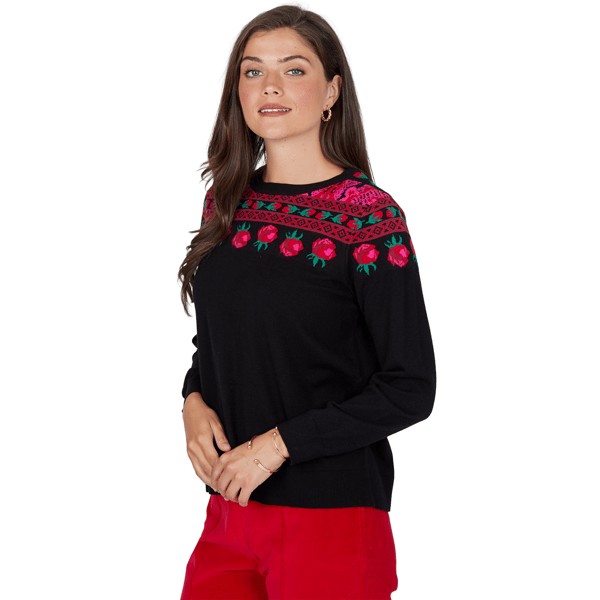 Petite Ruby Rd. Mysterious Romance Fair Isle Rose Sweater