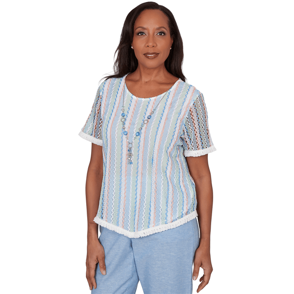 Petite Alfred Dunner Caribbean Blues Textured Stripe Blouse