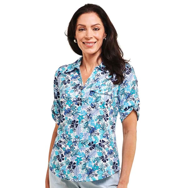Womens Emily Daniels Elbow Sleeve Tropical Henley Blouse