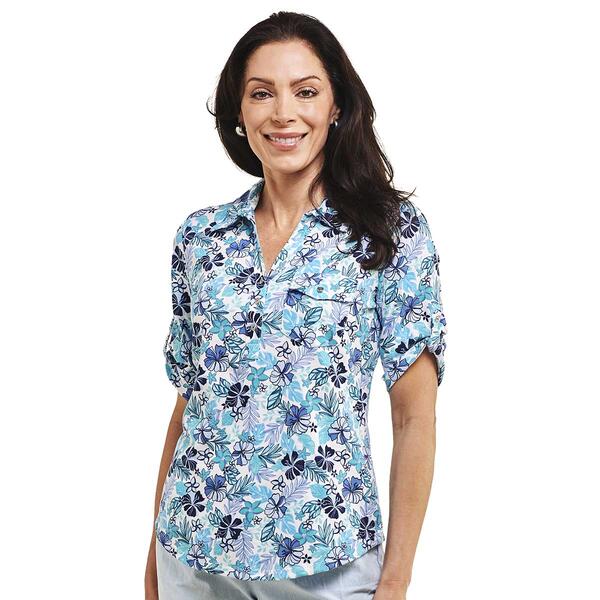 Womens Emily Daniels Elbow Sleeve Tropical Henley Blouse - image 