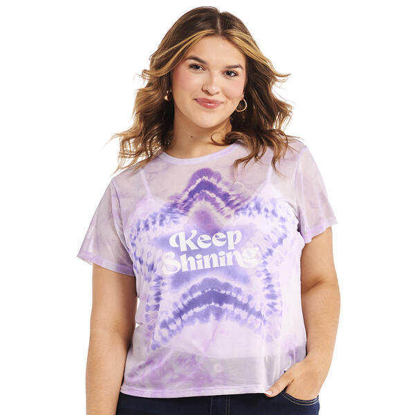 Juniors Plus No Comment Star Mesh Graphic Baby Tee - image 