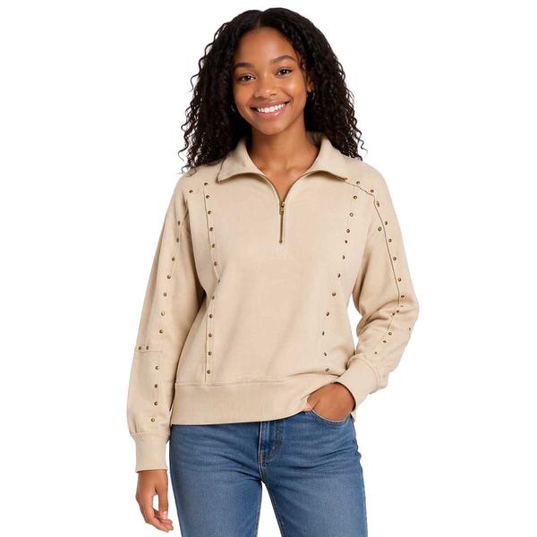 Juniors Hunter & Brown Stud Trim Quarter Zip Mock Neck Pullover - image 