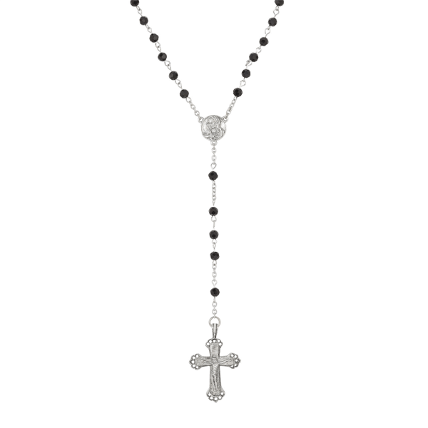 Symbols of Faith Pewter Black Bead Mother Mary Rosary - image 