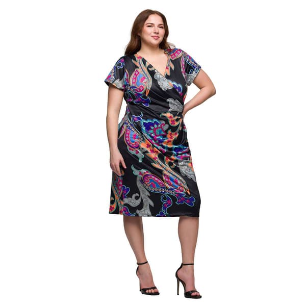 Plus Size 24/7 Comfort Apparel Black Paisley Faux Wrap Dress