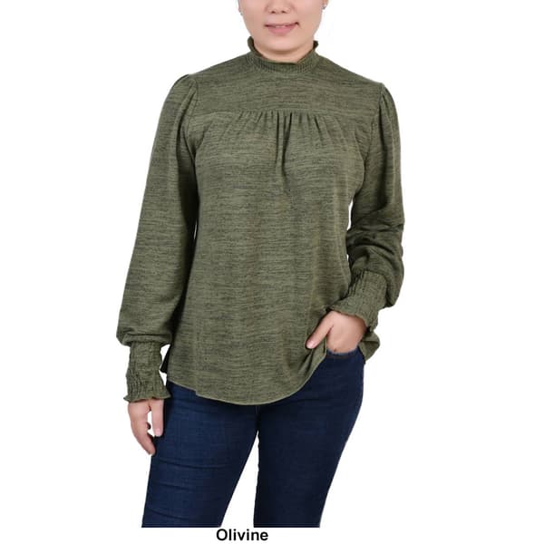 Womens NY Collection Long Sleeve Ruffle Neck Solid Pleat Blouse - image 