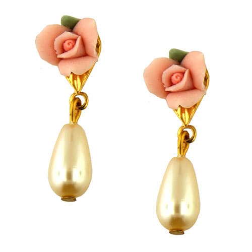 Signature 1928 Porcelain Rose Pearl Drop Earrings - image 